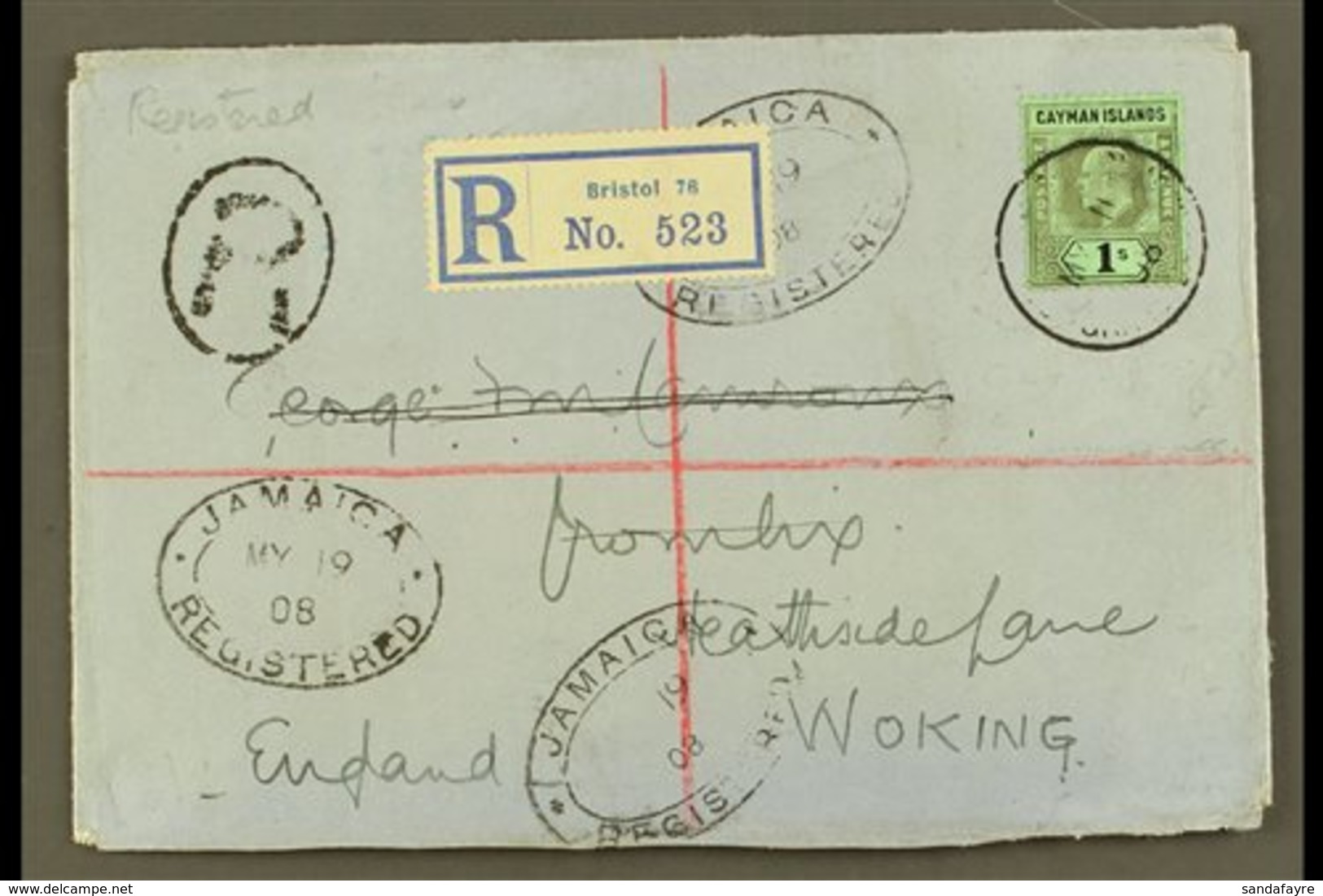 1908 (11 May) Registered Cover To England, Bearing 1907-09 1s Wmk CA Stamp (SG 33) Tied By Cds Cancel, With Registration - Kaimaninseln