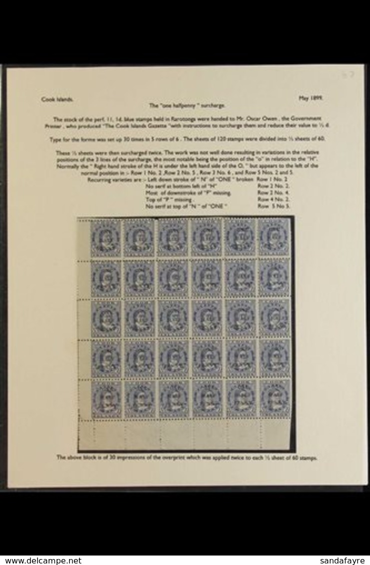 1899 ONE HALF PENNY SURCHARGE Complete Bottom Right Half Pane Of 30 Stamps (margins To Left And Base) Showing The Recurr - Cookinseln
