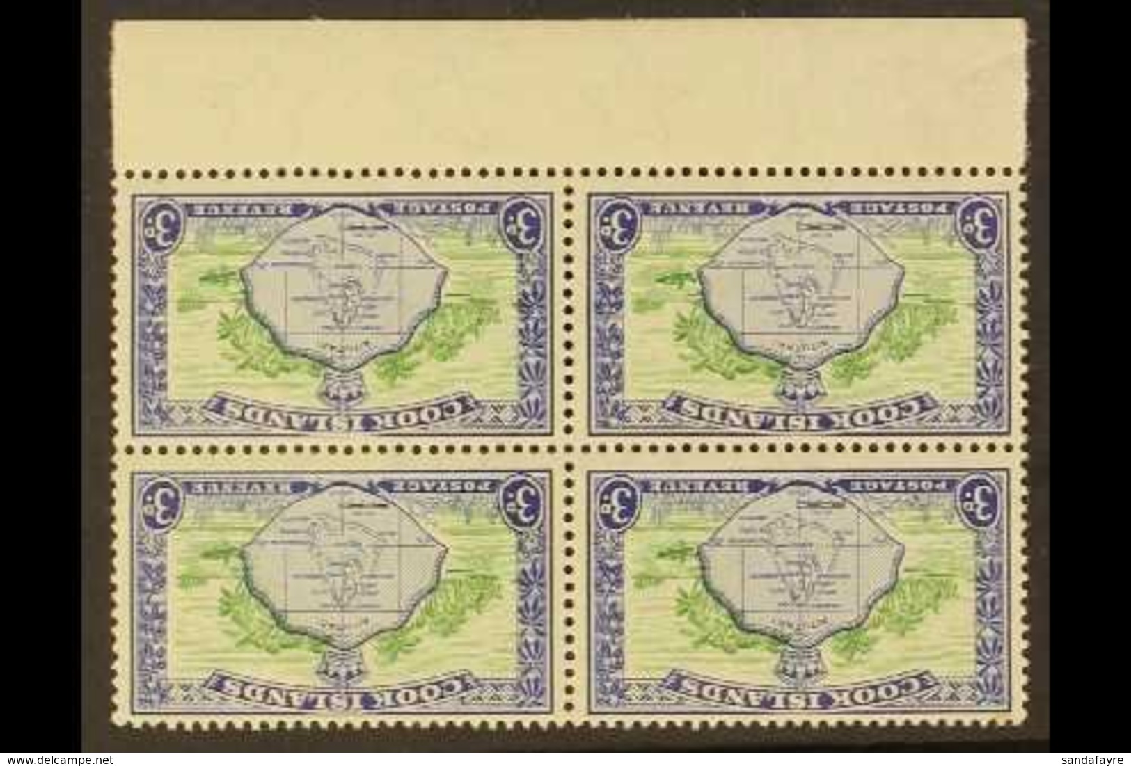1949-61 3d Green & Ultramarine Pictorial With WATERMARK INVERTED Variety, SG 153aw, Very Fine Mint Lower Marginal BLOCK  - Cookinseln