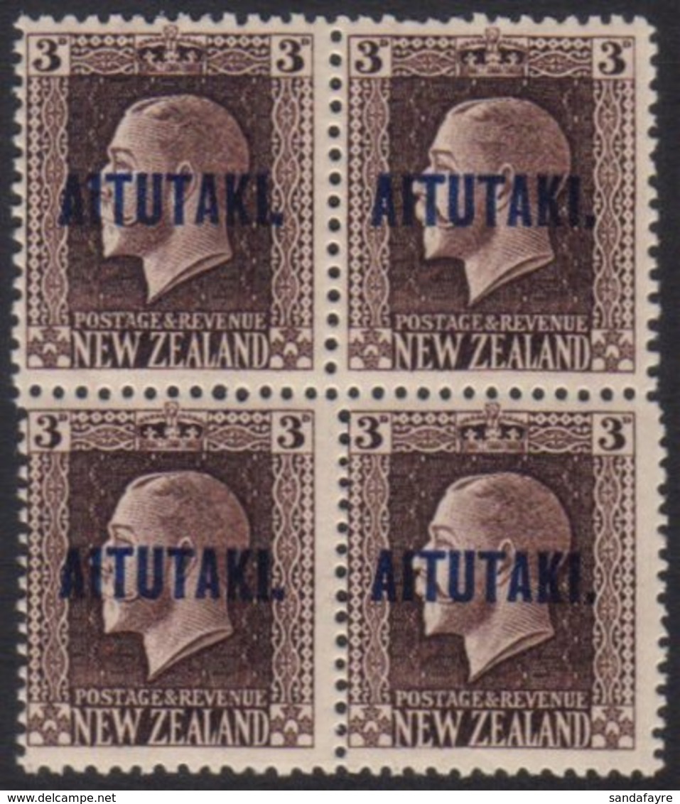 AITUTAKI 1918 3d Chocolate Mixed Perf (SG 16b) Never Hinged Mint BLOCK OF FOUR. For More Images, Please Visit Http://www - Cookinseln