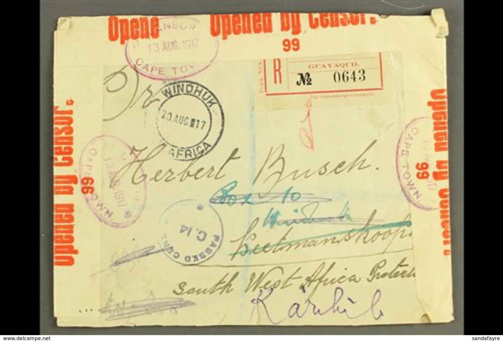 1917 DESTINATION MAIL - (13 Aug) Registered Env. To Keetmanshoop, SOUTH WEST AFRICA, Franked On Reverse With Seven Stamp - Equateur