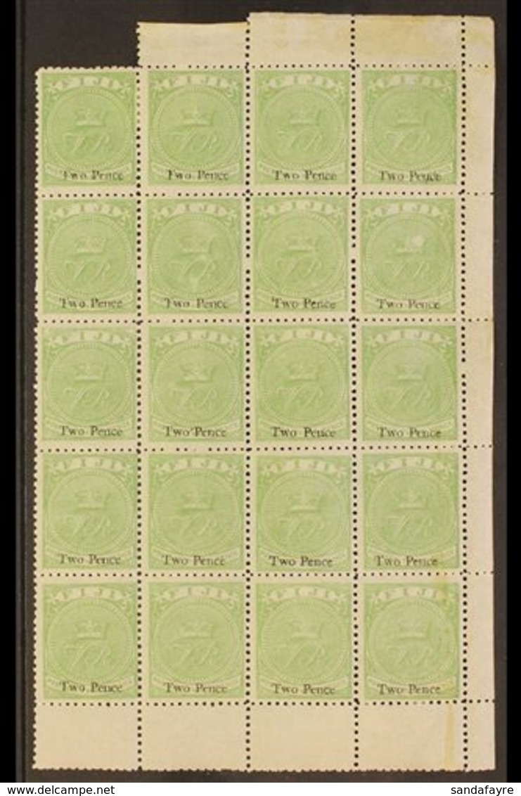 1876-77 2d On 3d Pale Green On Wove Paper, SG 29, Mint BLOCK OF TWENTY With Sheet Margin To 3 Sides, The Lower 16 Stamps - Fidschi-Inseln (...-1970)