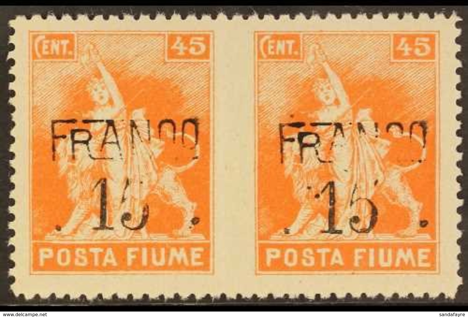 1919 15c On 45c Orange Surcharge Horizontal PAIR IMPERF BETWEEN Variety, Sassone D79o, Never Hinged Mint, Light Bend Bet - Fiume