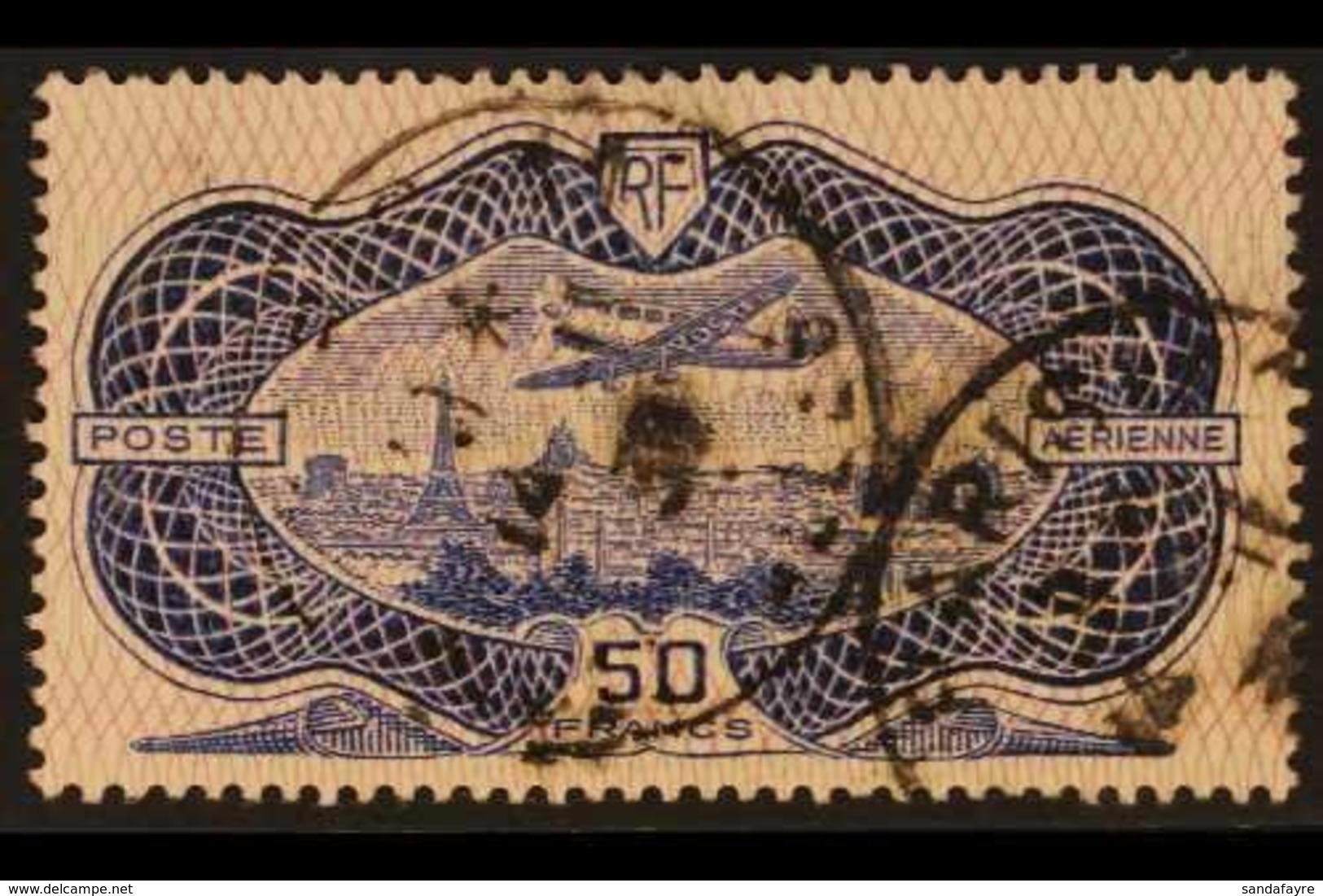 1936 50f Ultramarine & Rose Air Aircraft Over Paris (Yvert 15, SG 541), Very Used With Two Cds Cancels. For More Images, - Autres & Non Classés