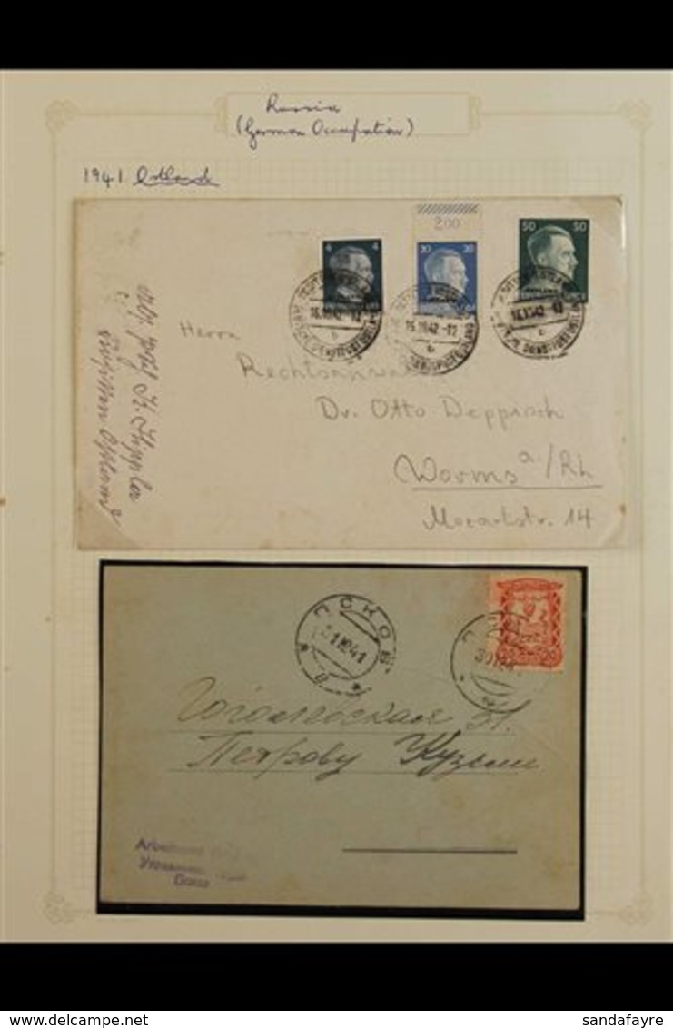 RUSSIA & UKRAINE 1941-1944 COVERS COLLECTION On Leaves, Includes PLESKAU 1941 20k On Official Printed 'Arbeitsamt Pleska - Sonstige & Ohne Zuordnung