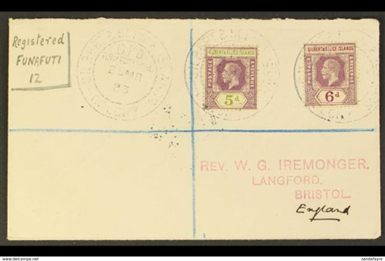 1923 (March) A Fine "Iremonger" Envelope Registered Funafuti To England, Bearing KGV 5d And 6d Tied By Double Ring Cds's - Gilbert- En Ellice-eilanden (...-1979)