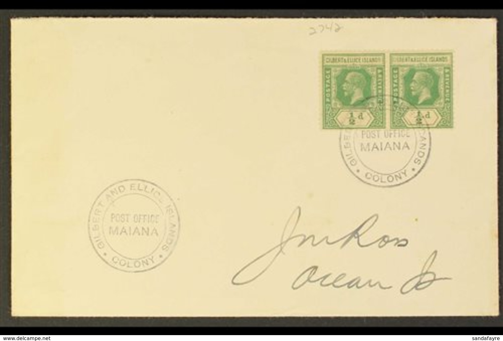 MAIANA 1938 (Dec) Envelope To Ocean Is Bearing KGV ½d Pair Tied By Fine Post Office Maiana Double Ring Undated Cds, Arri - Gilbert & Ellice Islands (...-1979)