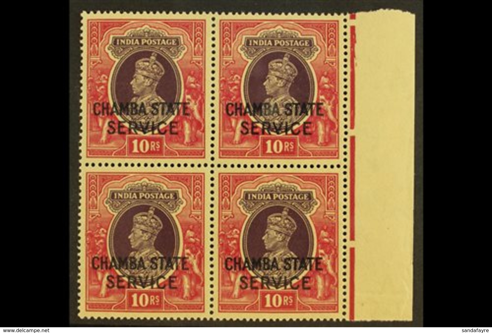 CHAMBA OFFICIALS. 1938-40 10r Purple & Claret, SG O71, Never Hinged Mint Marginal Block Of 4, Very Lightly Toned Appeara - Altri & Non Classificati