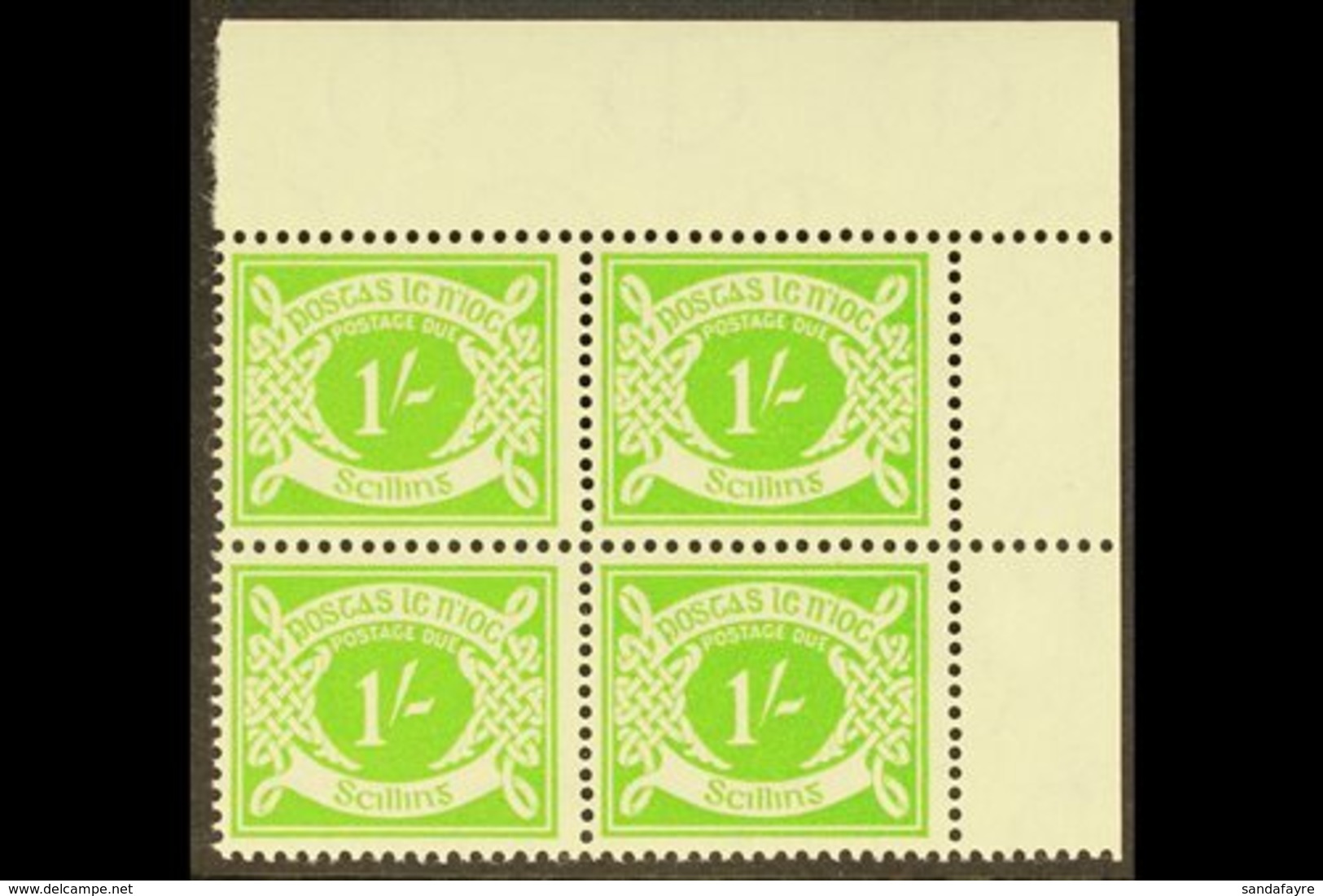 POSTAGE DUE 1940-70 1s Apple-green With WATERMARK SIDEWAYS Variety, SG 14a, A Superb Never Hinged Mint Top Right Corner  - Andere & Zonder Classificatie