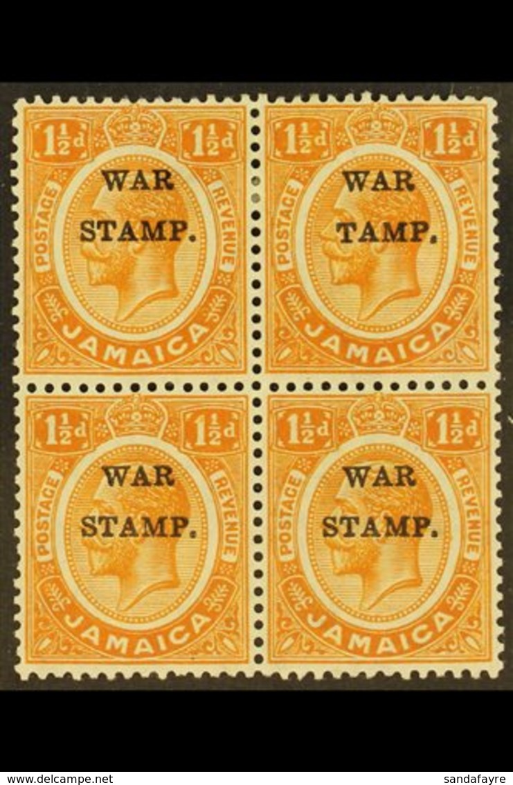 1916 1½d Orange Ovptd "War Stamp",block Of 4, Top R/h Stamp Showing The Variety "S In Stamp Omitted", SG 71/71b, Very Fi - Giamaica (...-1961)