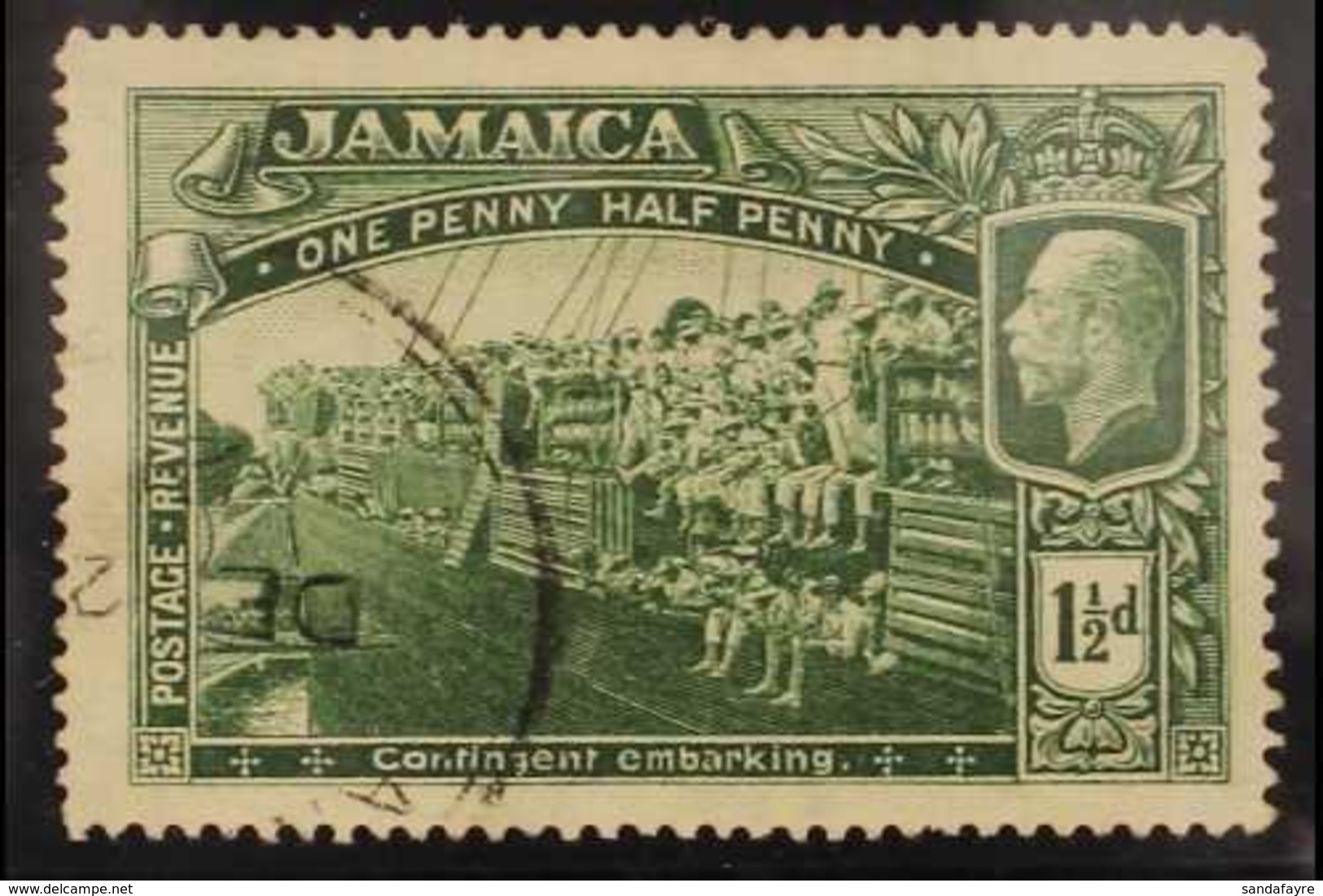 1919-21 IMPORTANT NEW DISCOVERY. 1919-21 1½d Green "Contingent Embarking" Wmk Mult Crown CA With REVERSED "C" IN "CA" WA - Jamaïque (...-1961)