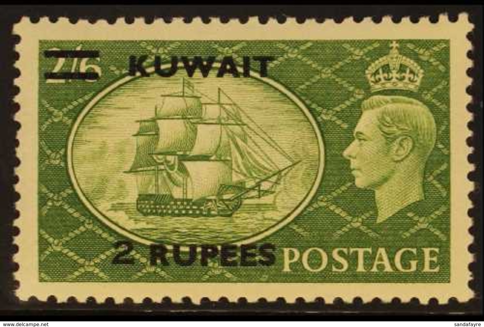1950 2r On 2s 6d Yellow Green, Variety "Surch Type II", SG 90b, Very Fine Never Hinged Mint. For More Images, Please Vis - Kuwait