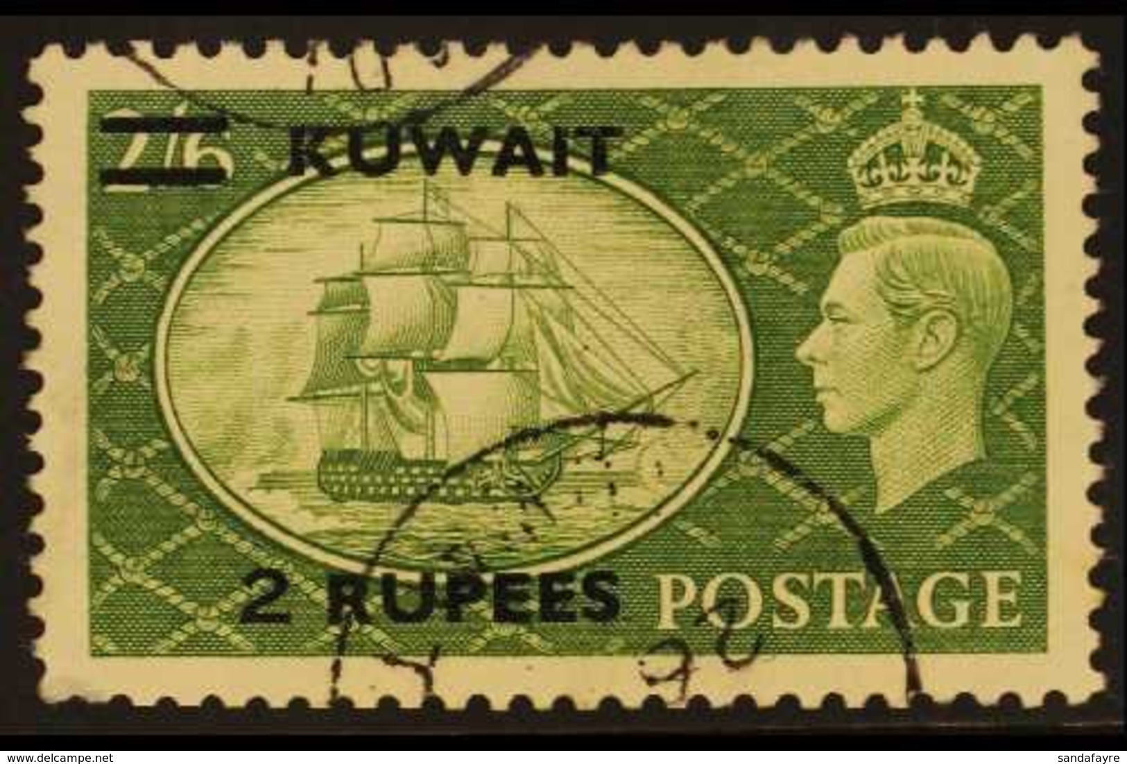 1950 2r On 2s 6d Yellow Green, Variety "Type III" Surcharge, SG 90c, Very Fine Used. For More Images, Please Visit Http: - Koeweit