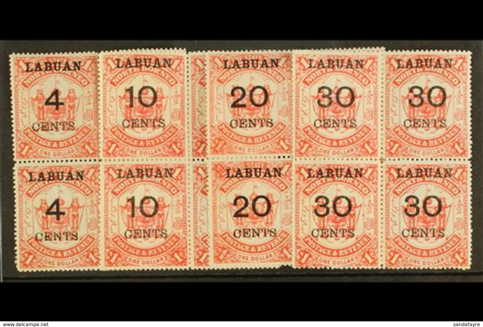 1895 4c, 10c, 20c And 30c On $1 Scarlet,  SG 75/78, Lovely Mint Blocks Of Four, Two In Each Nhm. (16 Stamps) For More Im - Borneo Del Nord (...-1963)