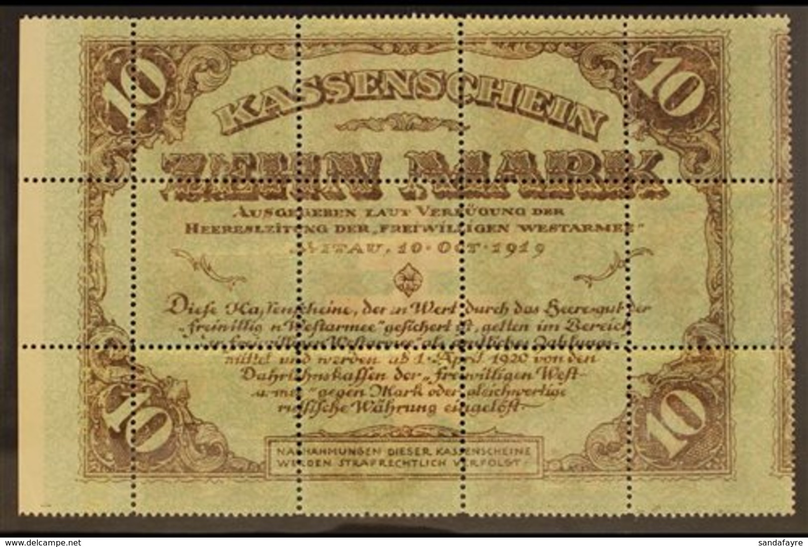 1920 COMPLETE BANKNOTE 20k+30k Red & Brown Red Cross Printed On Back Of Green & Brown Western Army Note (Michel 51z, SG  - Letland