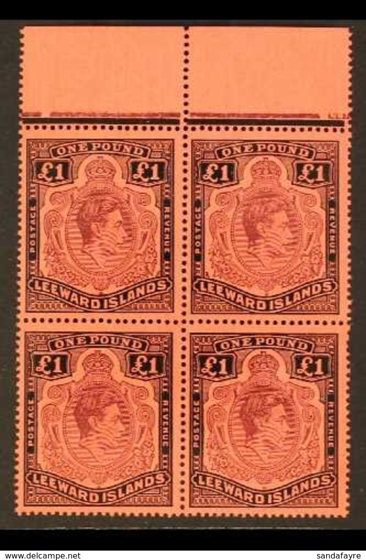 1938-51 KGVI Perf 14 £1 Brown-purple & Black/salmon, SG 114b, Never Hinged Mint Upper Marginal BLOCK OF FOUR. Lovely! Fo - Leeward  Islands