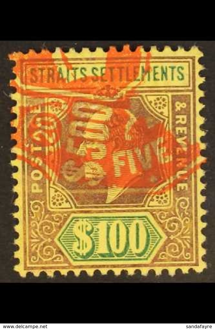 1904 $100 Purple And Green On Yellow, Ed VII, SG 140, Superb Used With Fiscal Cancel. Rare Stamp. For More Images, Pleas - Straits Settlements