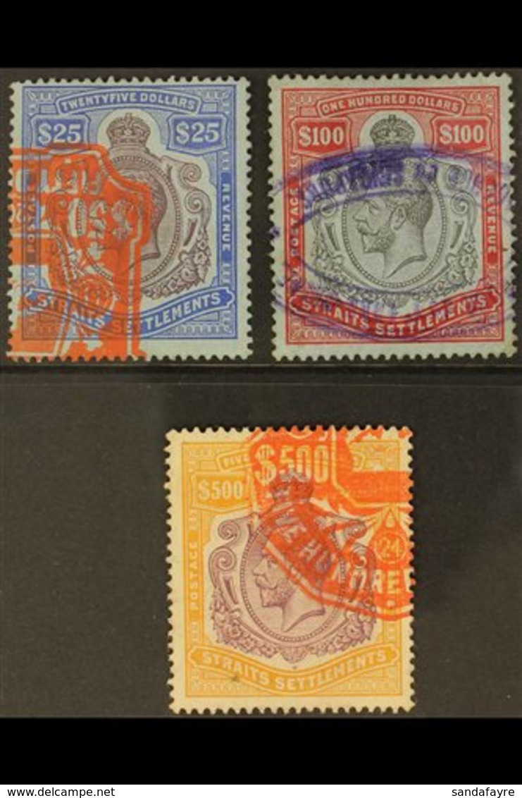 1912 - 23 $25 Purple And Blue, $100 Black And Carmine And $500 Purple And Orange Brown, SG 213/215, All With Neat Fiscal - Straits Settlements