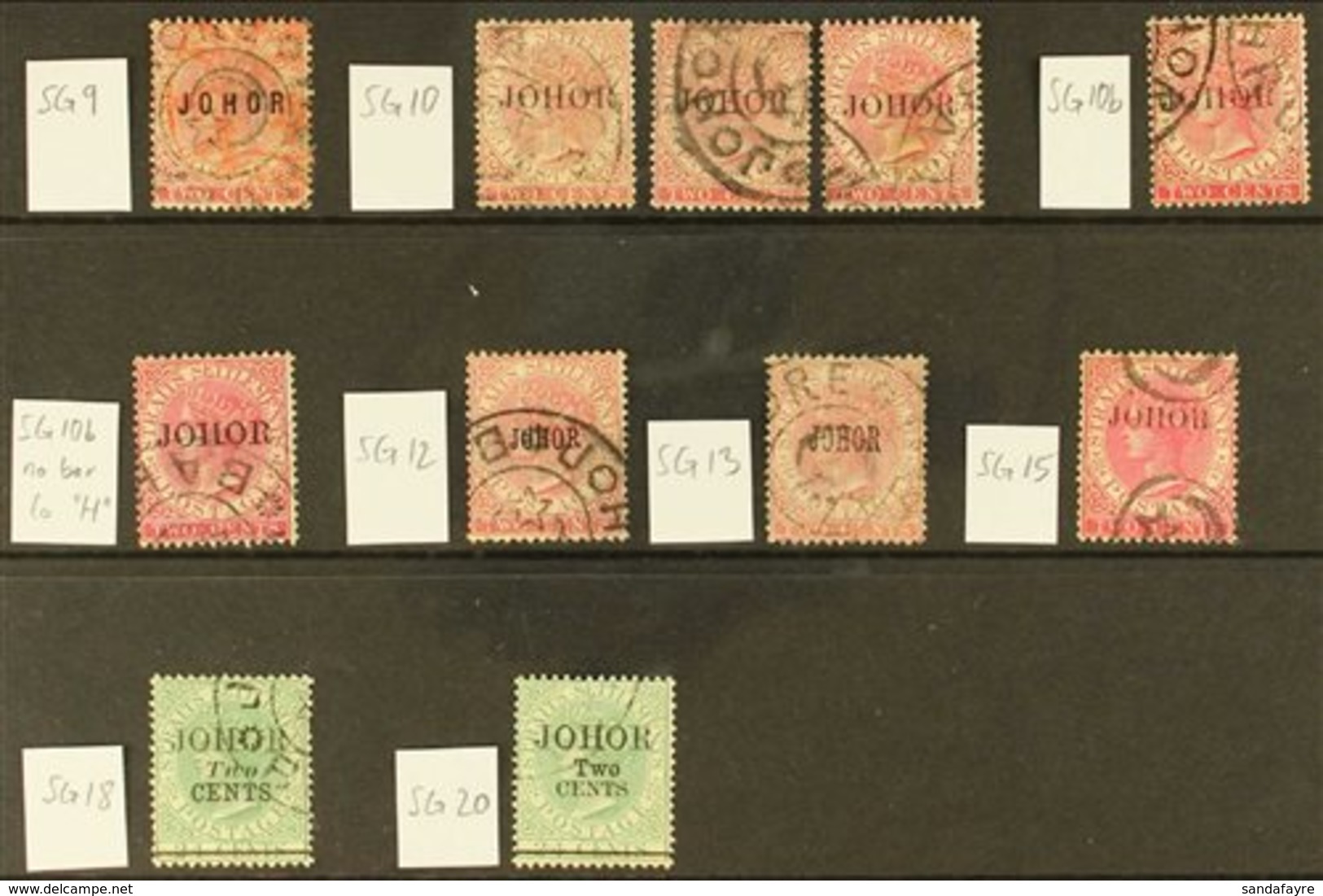 JOHORE 1884-1891 OVERPRINTS Used Group On A Stock Card, All Identified By Cat Numbers, Includes 184-91 2c SG 9, SG 10 (x - Otros & Sin Clasificación