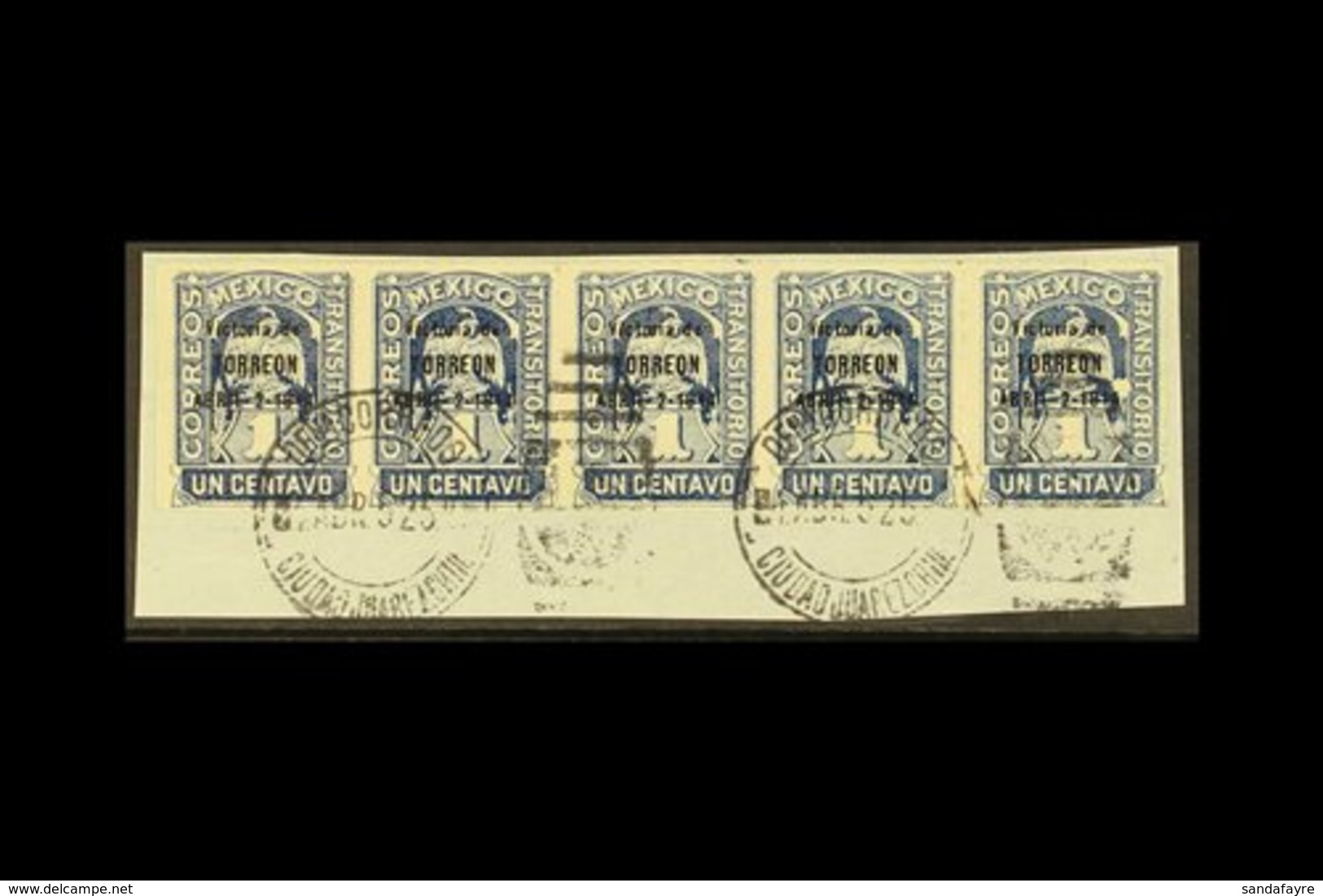 1914 1c Deep Blue Victory Of Torreon, Scott 362 (SG CT10, £120 Each), Very Fine USED STRIP OF FIVE Tied To Piece By Ligh - Messico