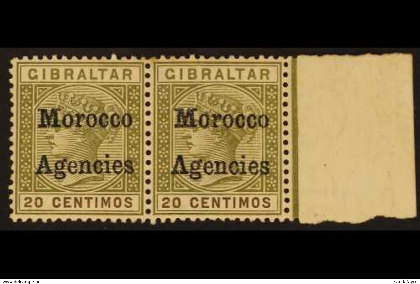 GIBRALTAR ISSUES OVERPRINTED 1898-1900 20c Olive-green And Brown (SG 3) Marginal Horizontal Pair Including Inverted "V"  - Sonstige & Ohne Zuordnung