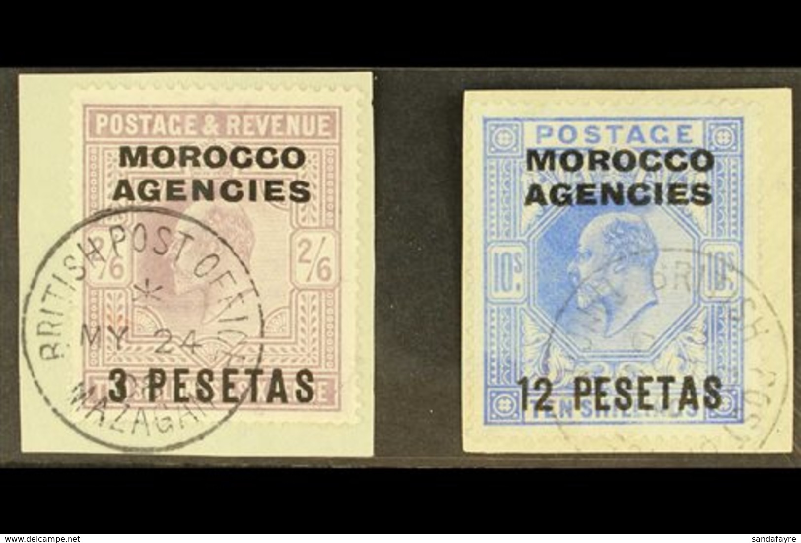 SPANISH 1907-12 3p On 2s.6d Pale Dull Purple, And 12p On 10s Ultramarine, SG 121 & 123, Each On A Piece With Mazagan Or  - Andere & Zonder Classificatie