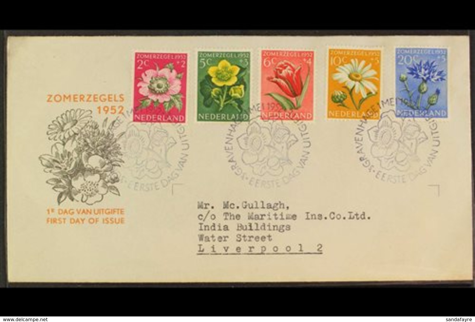 1952 FIRST DAY COVER (1 May) Cultural And Social Relief Fund Set (SG 749/53, NVPH 583/87, On Illustrated FDC To Liverpoo - Sonstige & Ohne Zuordnung
