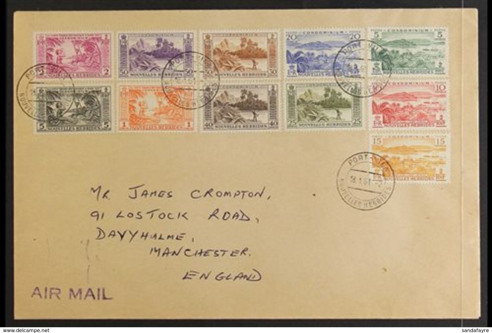 FRENCH 1957 Complete Pictorial Set, SG F96/106, On A Neat Envelope To England, Tied Port Vila January 1961 Cds's. For Mo - Other & Unclassified