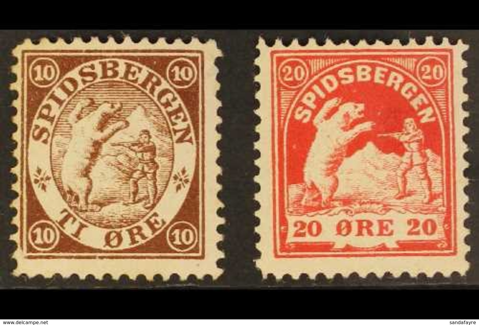 SPITZBERGEN (SPIDSBERGEN) 1896 20o Red And 1898 10o Brown 'Shooting The Bear' Local Stamps, Fine Mint, Fresh. (2 Stamps) - Sonstige & Ohne Zuordnung