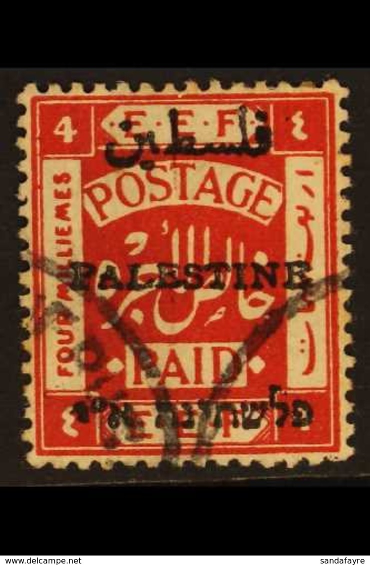 1920 4m Scarlet, Perf 14, Ovptd Type 5, (badly Worn Arabic And Hebrew Characters), SG 40, Fine Used. For More Images, Pl - Palästina