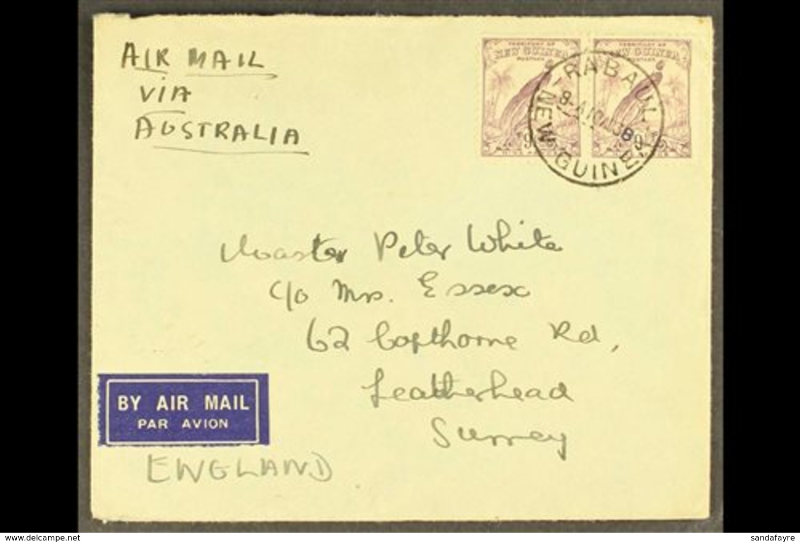 POSTAL HISTORY 1938 Airmailed Cover To England, Franked 1932-4 9d Violet Pair, SG 184, Neat RABAUL C.d.s. Postmark, Bris - Papua New Guinea