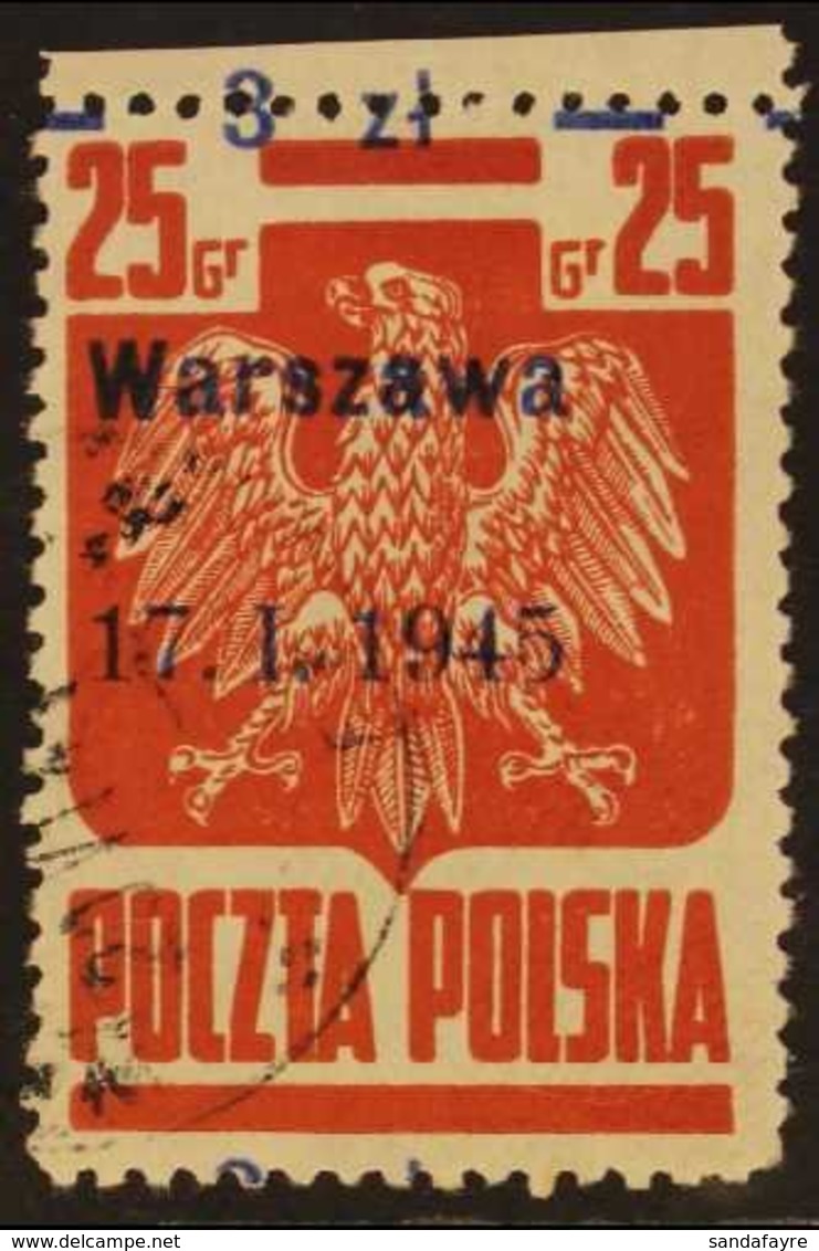 1945 3z On 25g Dull Red Typo With "Warszawa" Liberation Overprint (Michel 390 IXb, SG 516a), Very Fine Cds Used Upper Ma - Other & Unclassified