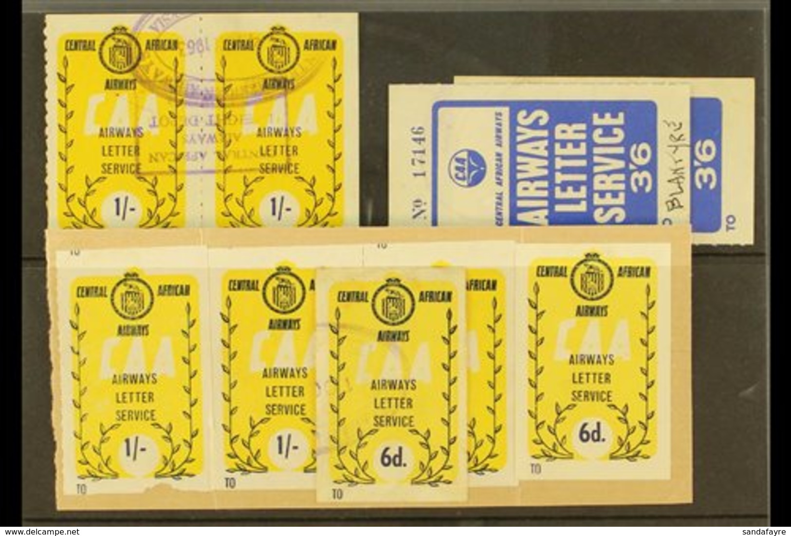 CENTRAL AFRICAN AIRWAYS Airways Letter Service Labels Group Incl. Blue On Yellow 6d & 1s Values, Plus 3s6d Blue Labels,  - Rhodesien & Nyasaland (1954-1963)