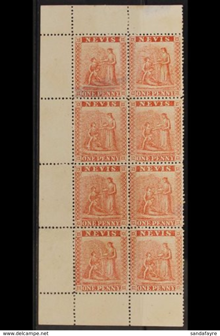 1871-78 1d Pale Rose-red, SG 15, Left Sheet Margin Block Of Eight, Unused Without Gum, Two With Thins. For More Images,  - St.Christopher-Nevis & Anguilla (...-1980)