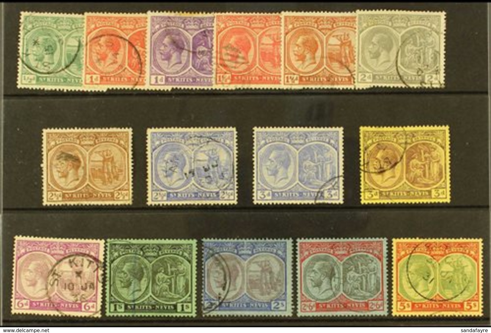 1921-29 Watermark Script CA Definitive Set Complete To 5s (less The 2½d Pale Bright Blue), SG 37/41 And 43/47b, Used, So - St.Kitts E Nevis ( 1983-...)