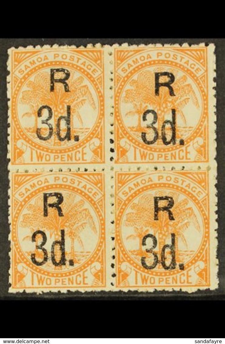 1895 3d On 2d Dull Orange, Perf 12x11½, SG 74, Mint BLOCK OF 4, Some Heavy Hinging / Re-enforcement. Scarce Multiple. Fo - Samoa