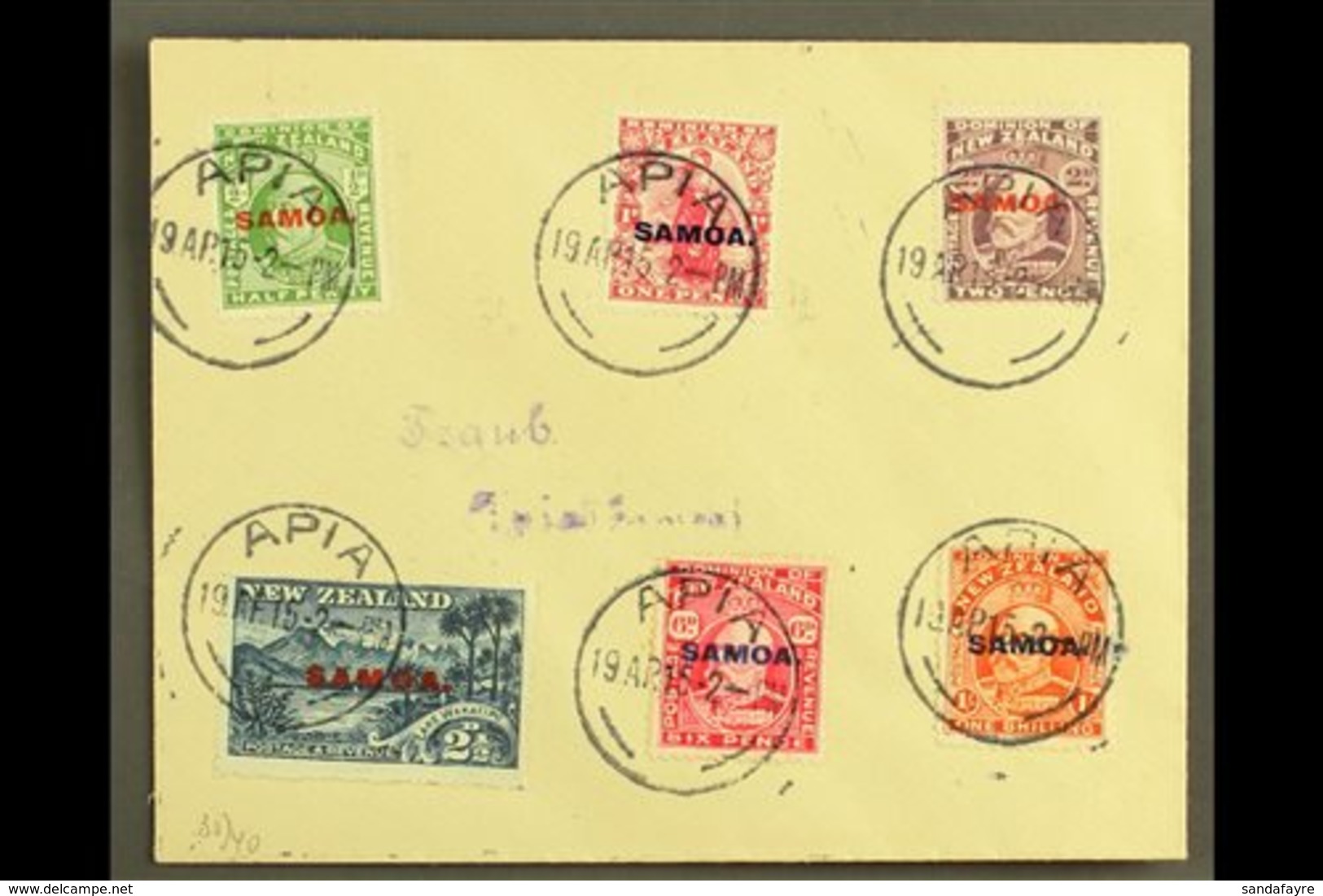 1915 KEVII New Zealand Overprints, Complete Set On Small Plain Cover, SG 115/21, Each With Strike Of "APIA" 19.4.15 Pmk. - Samoa (Staat)