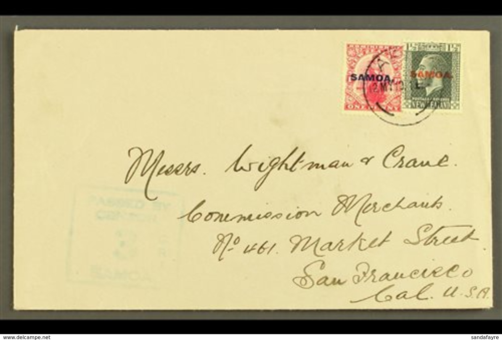 1919 Plain Cover To USA, Sent 2½d Rate, Franked 1d & KGV 1½d Slate, SG 116, 135, Apia 12.05.19 Postmark, Censor "3" Cach - Samoa (Staat)