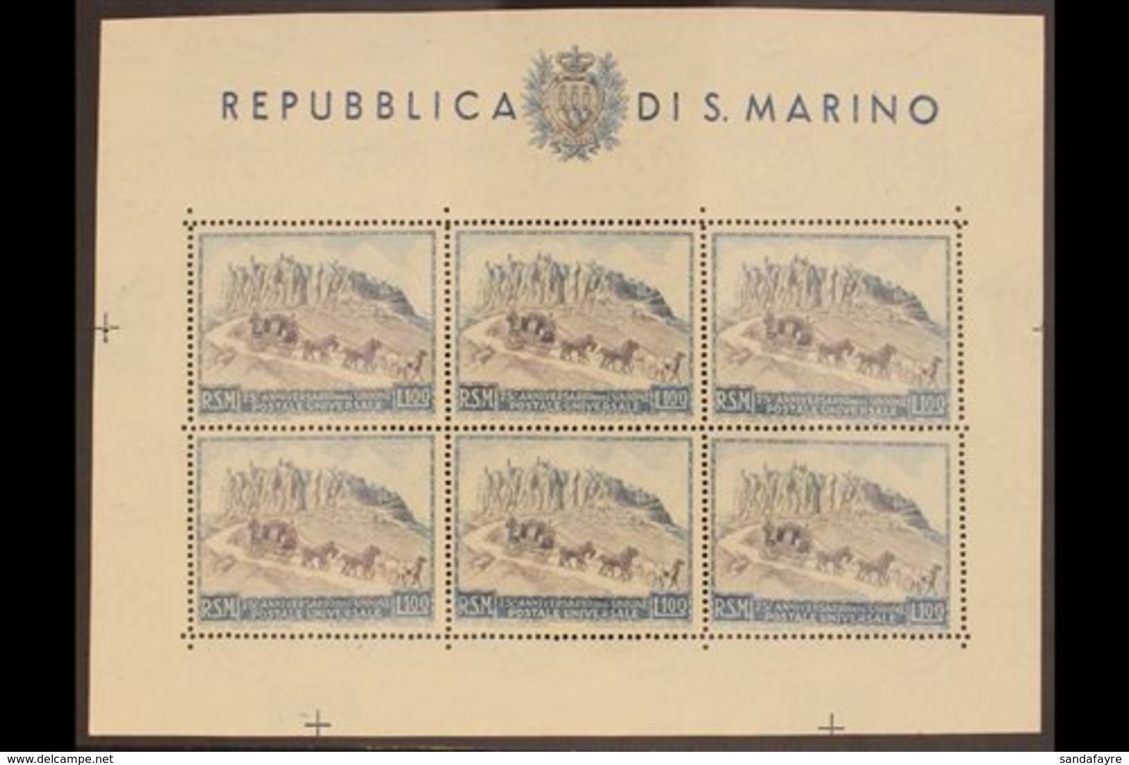 1949 75th Anniversary Of UPU 100L Complete Sheetlet Of Six, Sassone Foglietti 8, Never Hinged Mint. For More Images, Ple - Andere & Zonder Classificatie