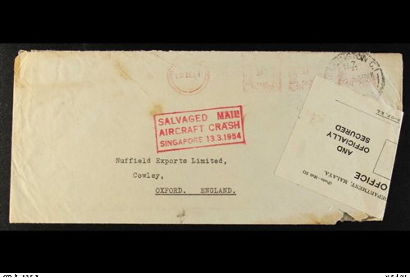 1954 SALVAGED MAIL, AIRCRAFT CRASH 13.3.1954 Red Boxed Cachet On Meter Mail Envelope From New Zealand To England, Postal - Singapore (...-1959)