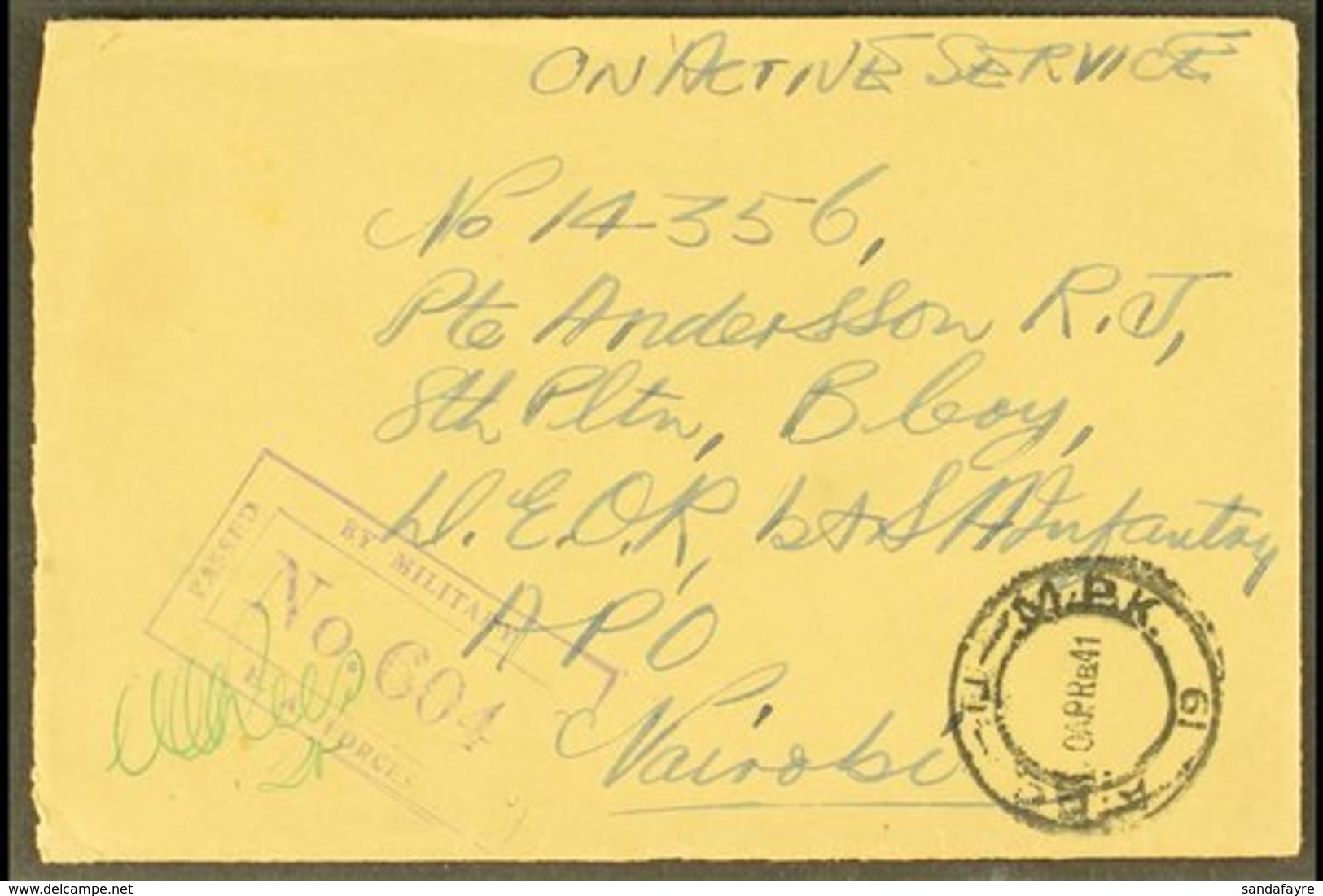 1941 Stampless Envelope Endorsed "On Active Service" And Posted To Kenya, Kismayu  "A.P.O. - U - M.P.K. 19" Postmark App - Somaliland (Protectorat ...-1959)
