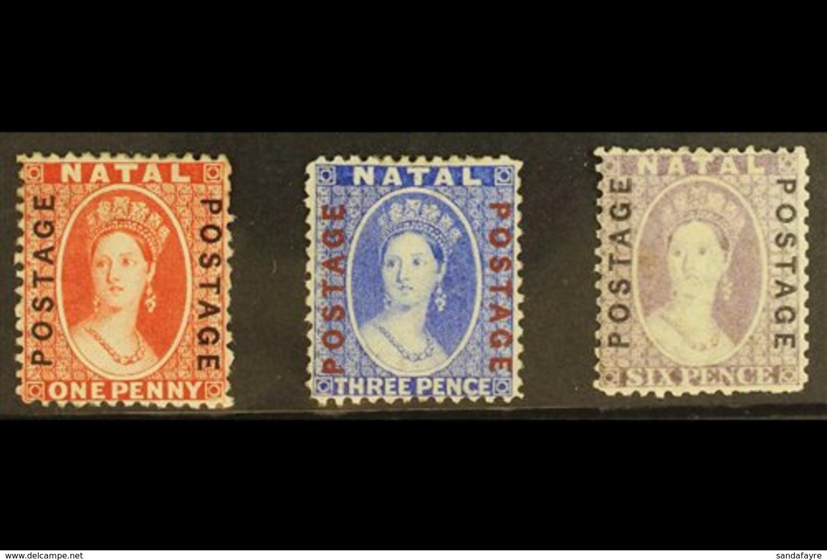 NATAL 1870-73 1d Bright Red, 3d Bright Blue, And 6d Mauve With "POSTAGE / POSTAGE" Vertical Overprints, SG 60/62, Mint W - Unclassified