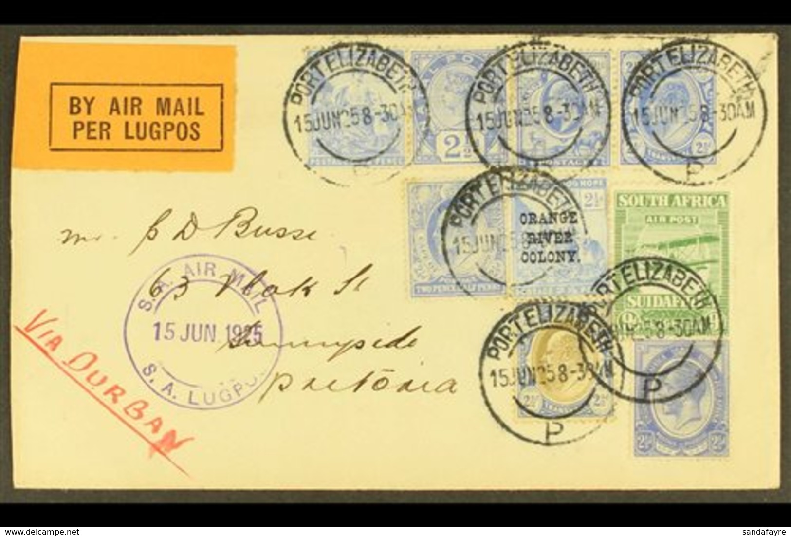 1925 (15 June) Port Elizabeth To Pretoria Attractive Flown Cover ("Via Durban") Bearing 9d Air (SG 29) Plus 2½d Stamps F - Unclassified