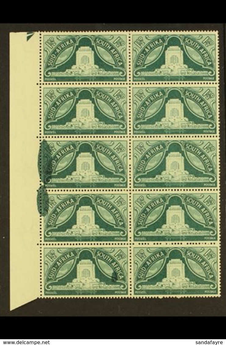 UNION VARIETY 1949 1½d Inauguration Of Voortrekker Monument, Left Marginal Block Of 10 Affected By TWO LARGE GREEN INK B - Non Classés
