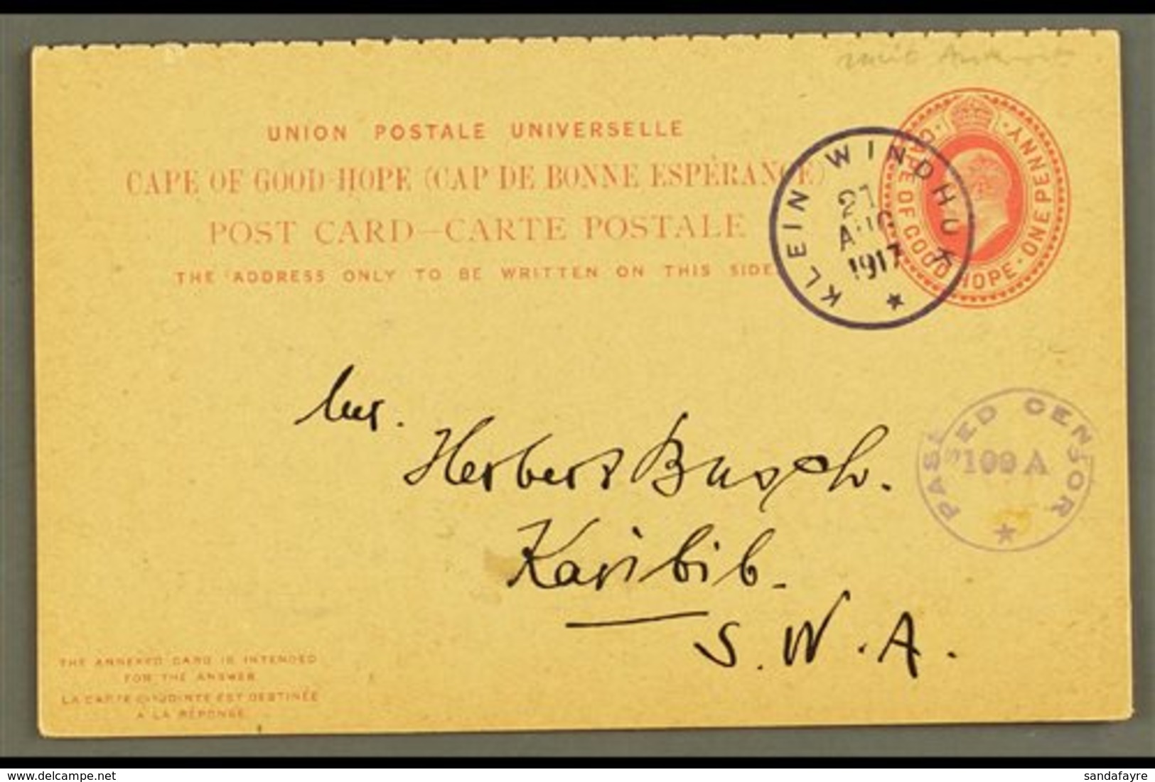 1917 (21 Aug) 1d + 1d KEVII Cape Complete Reply Card To Karibib Cancelled By Superb "KLEIN WINDHUK" Rubber Cds Pmk In Da - Afrique Du Sud-Ouest (1923-1990)