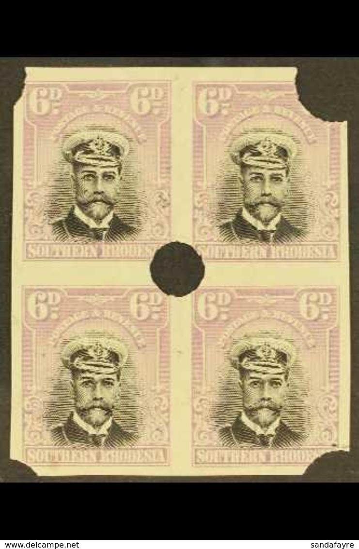 1924 6d Black And Mauve, As SG 7, Admiral Block Of 4, Imperf Punched Proofs Of Complete Design From The Waterlow Archive - Zuid-Rhodesië (...-1964)
