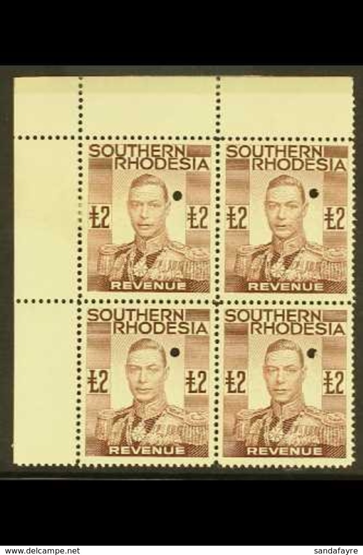 1937 £2 Brown, Geo VI, Revenue, Punched Proof, Perforated Top Left Corner Block Of 4 , Very Fine Mint. For More Images,  - Südrhodesien (...-1964)