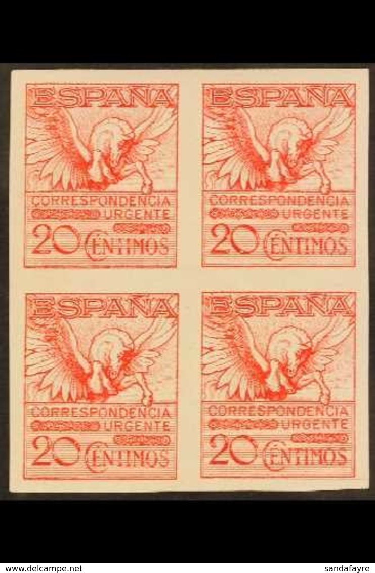 1929 20c Carmine EXPRESS LETTER Stamp As An IMPERFORATE BLOCK OF FOUR, Edifil 454s (SG E522 Variety), Superb Never Hinge - Other & Unclassified