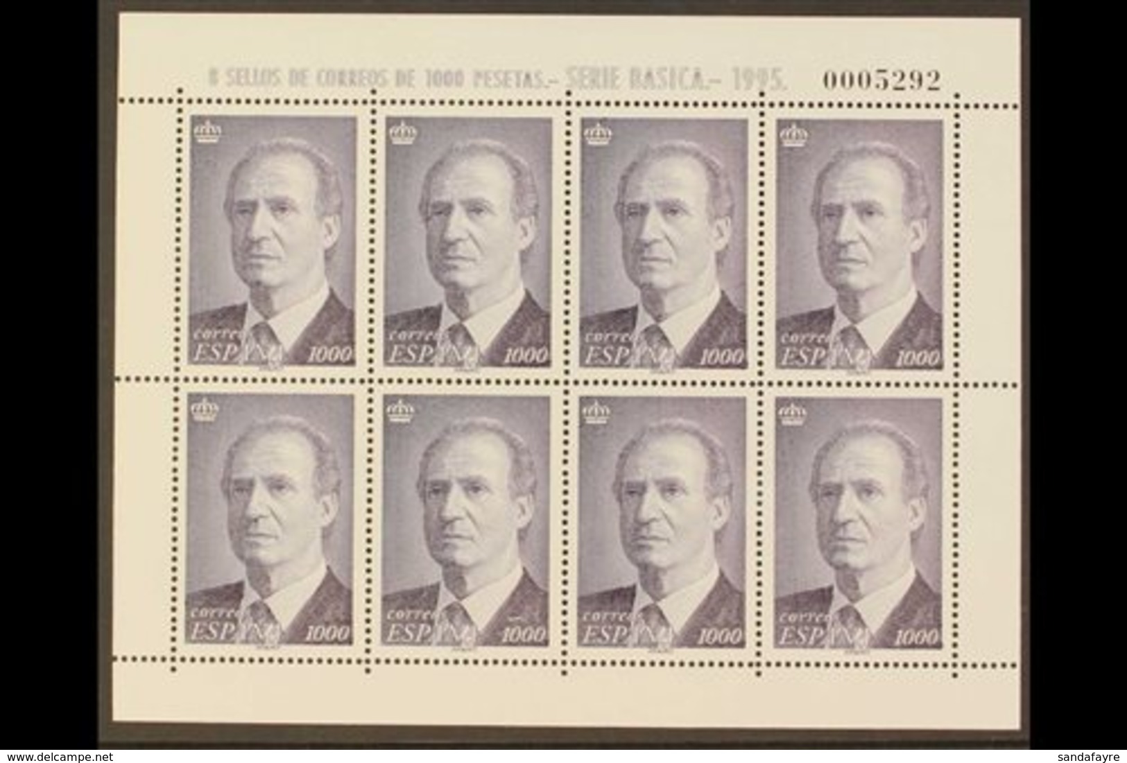 1995 1000p slate Violet Accession Of Juan Carlos I, SG 3361 (Edifil 3403) COMPLETE SHEETLET OF EIGHT Never Hinged Mint.  - Andere & Zonder Classificatie