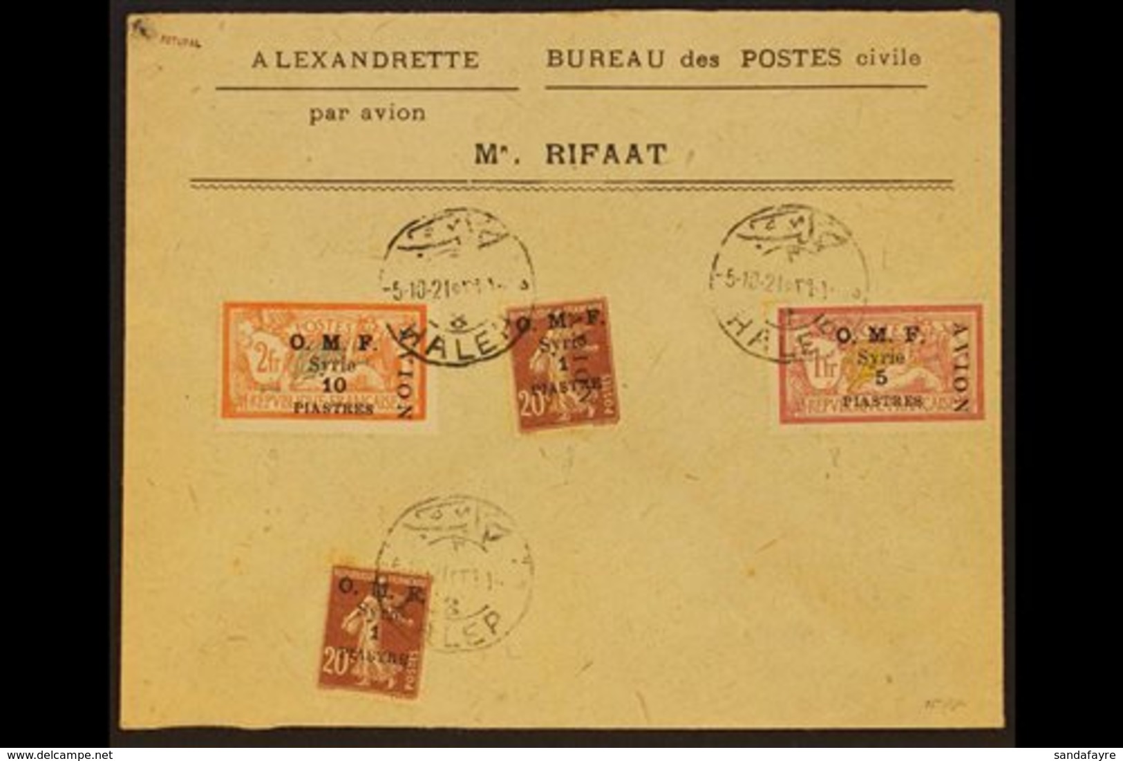 1921 Flown Cover From Halep To Alexandrette Franked 1921 Airmail Set, SG 86/88 Plus 1pi On 20c Brown Lake Sower. For Mor - Syrië